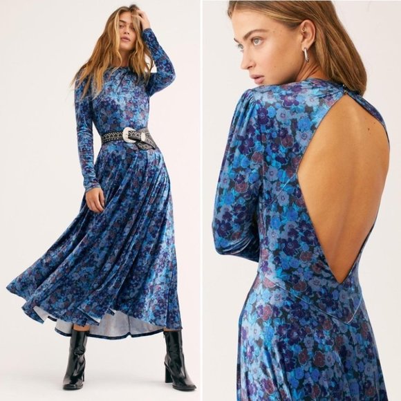 Free People Dresses & Skirts - NWOT Free People Heartland Velvet Open Back Cutout Midi Dress Blue Floral Medium
